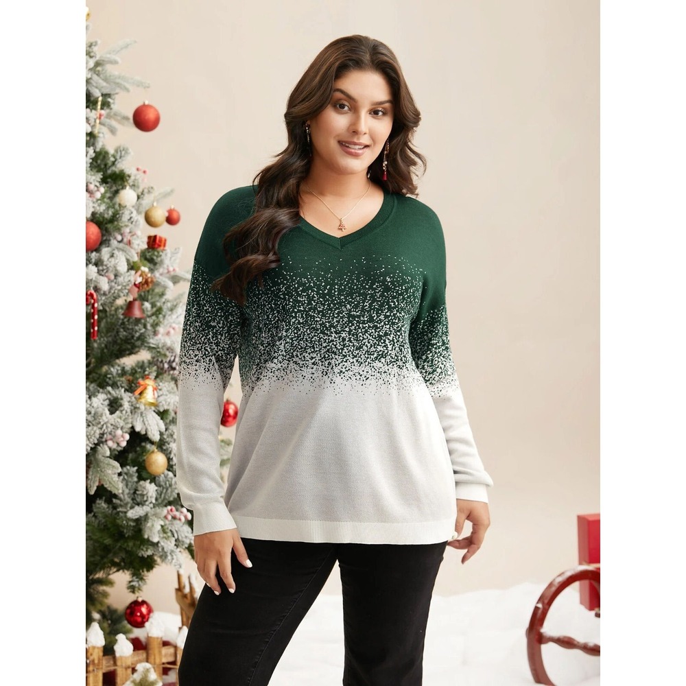 Bloomchic Women's Holiday Gradient Jacquard V-Neck Sweater - Green - Sz 26 (4X)